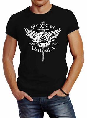 Herren T-Shirt See you in Valhalla Schwert Runen Odin Vikings Fashion