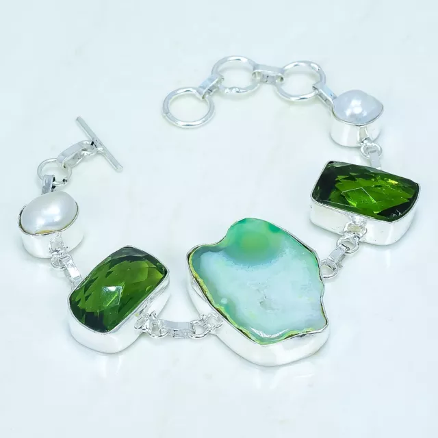 Vert Tranche Agate, Péridot, Perle Argent Bijoux Bracelet 17.8-20.3cm BLGA5065