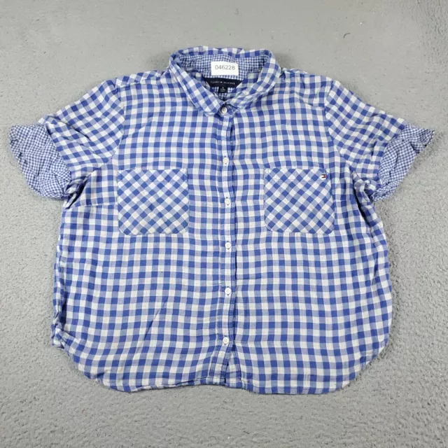 Tommy Hilfiger Shirt Womens Size XL Blue Check Button Up Short Sleeve Ladies *