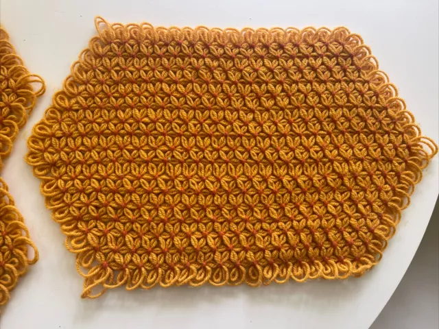 4 Vintage 70s Yellow and Orange Yarn Crochet Placemats Daisy Loom