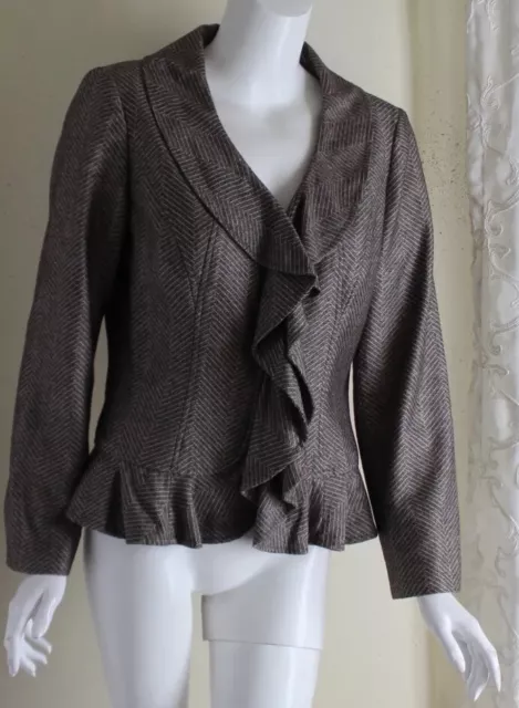 Etcetera -Sz 8 Ruffled Exquisite Fine Wool Silk Lux Brown Zig-Zag Blazer Jacket