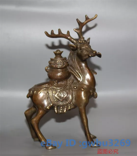 collect Vintage Old China  Brass Hand carved Lucky Wealth Sika Deer Statue 42480