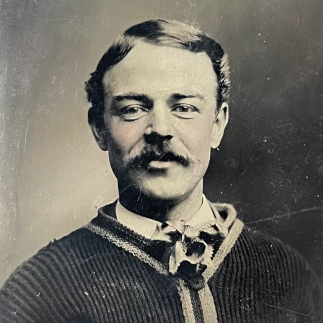 Antique Tintype Photograph Handsome Man Mustache Great Sweater Twinkling Eyes