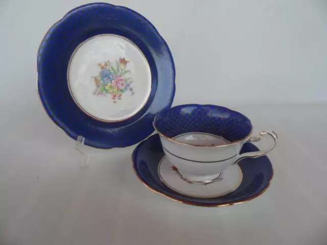 Antique Vintage A.B.J Grafton Hand Painted Blue & Floral porcelain High Tea Trio