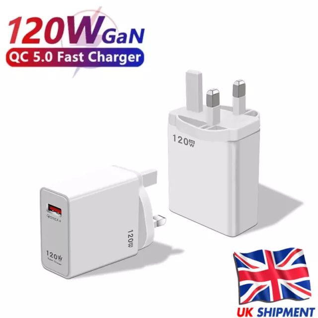 120W Charger QC 5.0 USB Fast Charging UK Plug Power For Samsung Huawei OnePlus