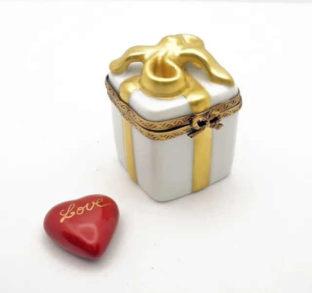 New French Limoges Trinket Box Amazing Gift Box w Gold Ribbon & Remov Love Heart