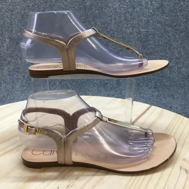 Calvin Klein Sandals Womens 7.5 Samira Thong Flats Gold Faux Leather Open Toe