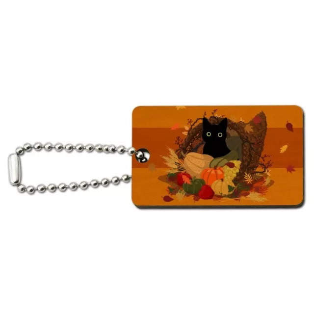 Thanksgiving Black Cat Cornucopia Wood Wooden Rectangle Keychain Key Ring