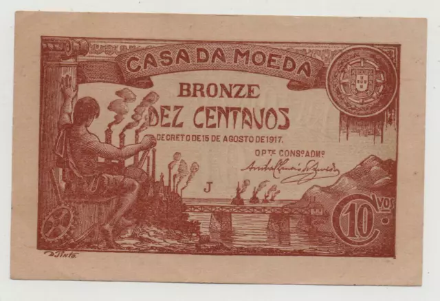 Portugal 10 Centavos 1917 Pick 96 Aunc