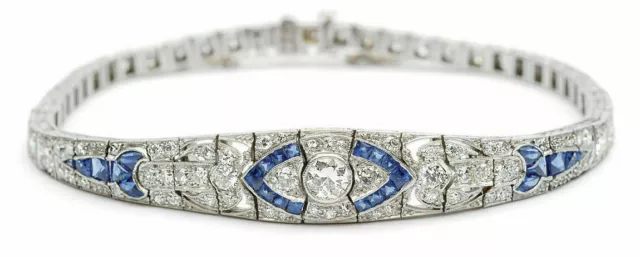 5Ct Vintage Art Deco White& Blue Round Cut Bracelet In Solid 925 Sterling Silver