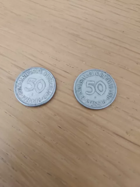 50 Pfenning 1950 F + 1969 J German COINS