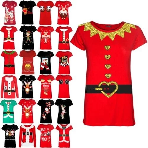 Donna Natale Bambine Costume da Babbo Natale Nastro Cappello Manicotto T Shirt