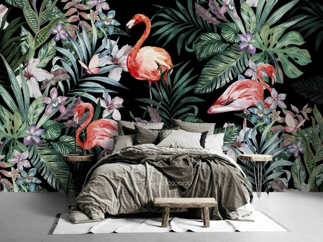 Poster Géant Mural Sépia Flamant Rose Lac Jungle Bananier