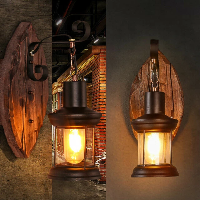 2xAntik Retro Vintage Industriell Holz Wandleuchte Wand Lampe Wandleuchter Licht 3