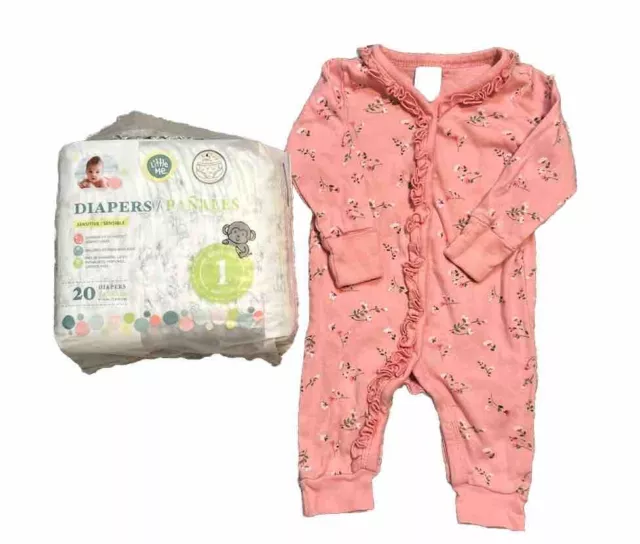 Modern Moments Organic Baby Girl Sleeper Size 0-3 M Pink & Pack Of New Diapers