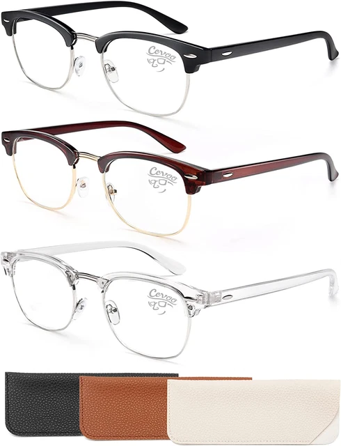 3 Pack Reading Glasses Blue Light Blocking, Retro Semi Rimless Readers Men Women