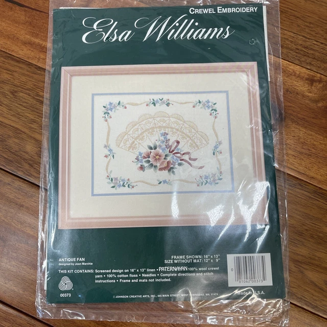 Ventilador antiguo bordado Elsa Williams Crewel - hilo 100 % lana 16x13
