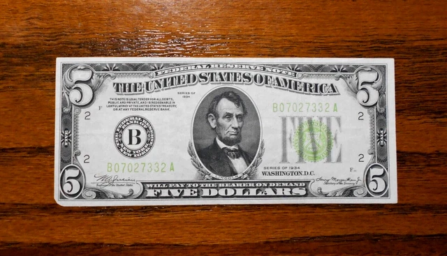 1934 $5 Federal Reserve Note 💲 Light Green New York