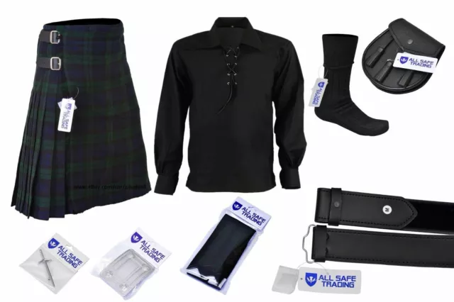 Men's Scottish 9 Piece 8 Yards Kilt Black Watch Tartan Kil Outfit with Sporran