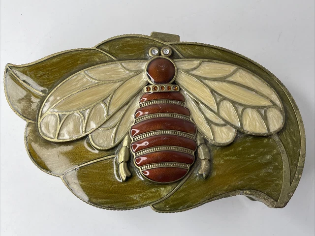 Enamel Brass and Rhinestone Jewelry Box Embossed Honey Bee Design 7.75” Moth