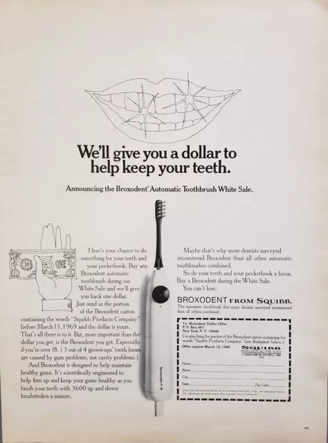 1969 Squibb Broxodent Automatic Toothbrush Maintain Healthy Gums Print Ad