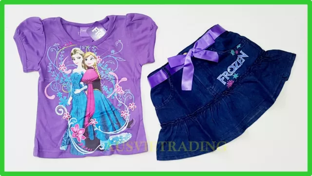 BNWT Frozen queen Elsa Top tshirt girls fashion denim skirt brand new 2pc set