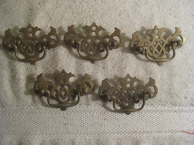 Lot of 5 Vintage Ornate Antique Brass Drawer Pulls Swing Handle