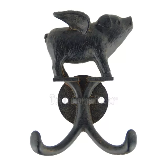 Flying Pig Double Wall Hook Metal Key Coat Towel Hanger Antique Style Black