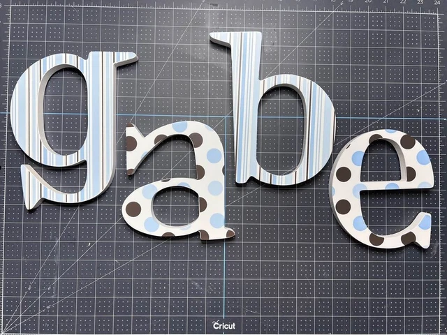 7-9 inch wood letters spell GABE boys room / nursery stripe blue/brown/cream
