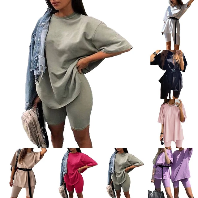 Elegante t-shirt donna oversize e pantaloncini da bicicletta set per moda quotidiana
