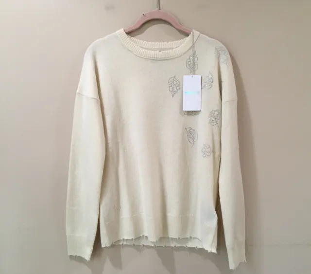 NWT Zadig & Voltaire Gaby Leaves Strass Cashmere Wool Sweater Crème Size Xs