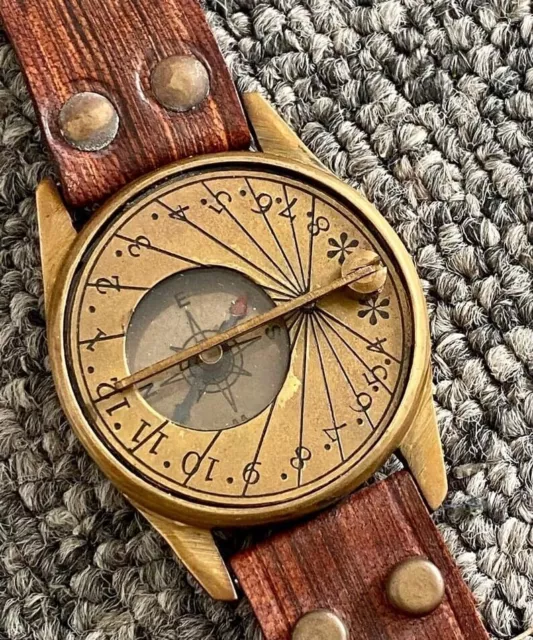 Antique Brass Steampunk Wrist Sundial Watch Nautical Compass