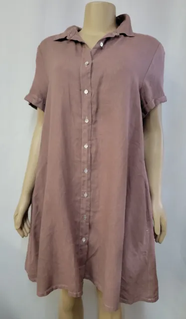 Tahari 100% Organic linen Brown Sz L Women's Shirt Dress Button Down, Pockets #C