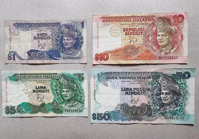 1987 - 1992 Malaysia 1, 5, 10 & 50 Ringgit Banknotes Set Of 4 Notes