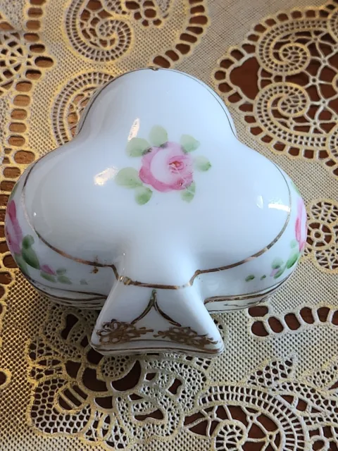 Nippon Porcelain Clover Vanity Jar Trinket Box Lid Hand Painted Vintage Red Rose