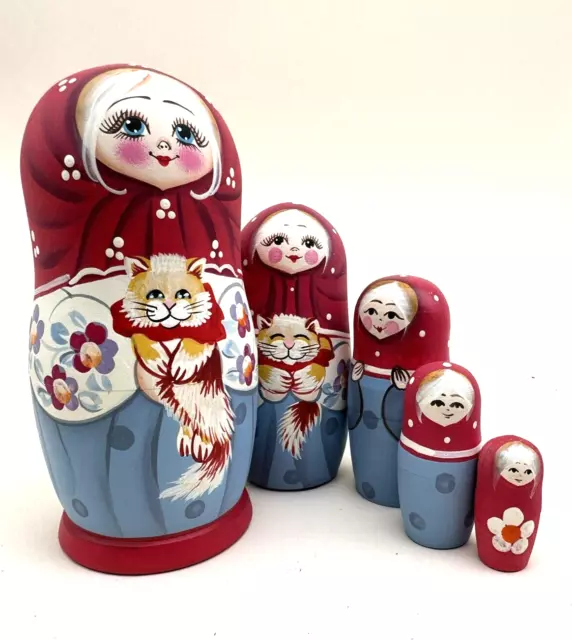 Matroschka 5tlg. traditionell Alter Motiv mit Katze Russland  15 cm