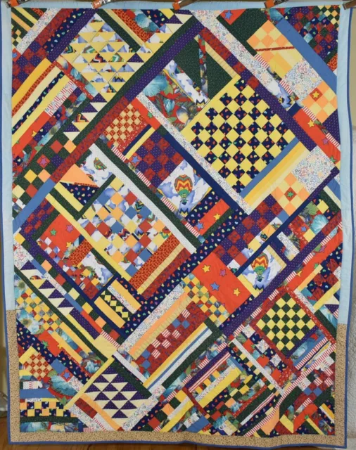 COLORFUL Vintage Crazy Quilt, Diagonal & Checkerboard Design ~Novelty Prints!