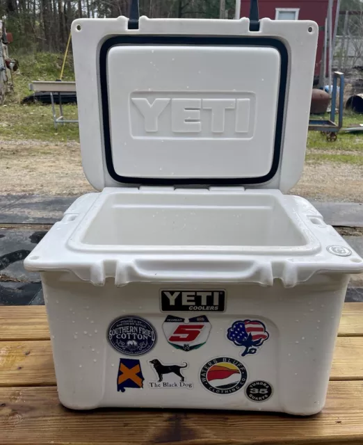 Yeti Tundra - 35 Hard Cooler in White with Various Stickers