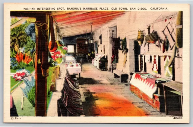 San Diego California~Ramona's Marriage Place In Old Town~Vintage Linen Postcard