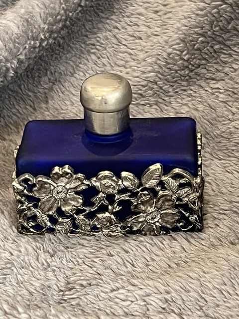 Frosted Cobalt  Blue Glass Perfume Bottle With Silver Tone  Filigree - Very Deco