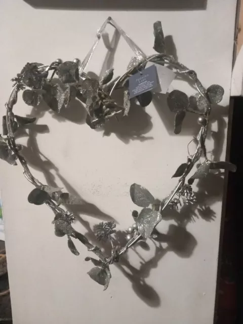 2 X Silver Christmas Heart Shaped Wreath Decorated Faux Eucalyptus