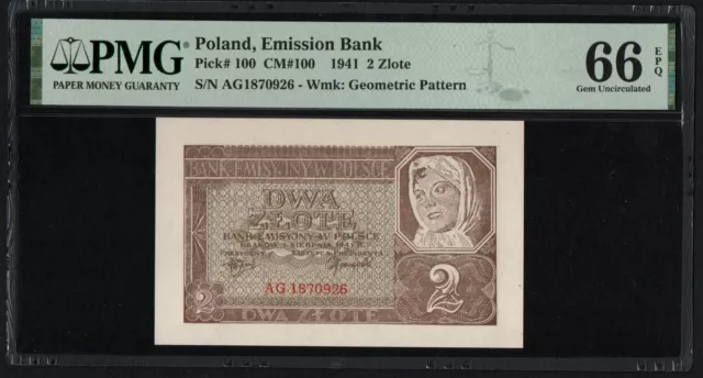 Poland 2 Zlote 1941 Pick: 100, Pmg - 66, Unc