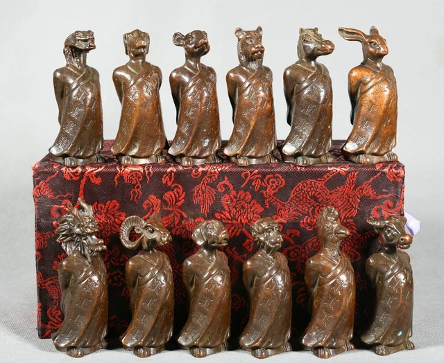 Red Copper Palace Twelve Animal Chinese Zodiac Dragon Horse Ox Tiger Statue Set
