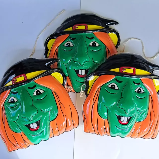 lot of 3 Vintage Halloween Decor Plastic Wicked Witch Face Porch Light Cover