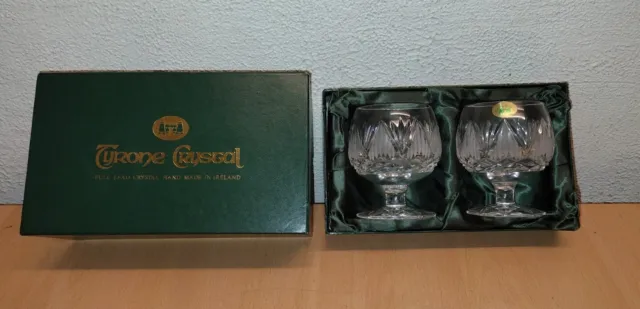 BOXED SET 2 X STAMPED TYRONE LEAD CRYSTAL BRANDY GLASSES - EXCELLENT! 9cm/3 1/2"