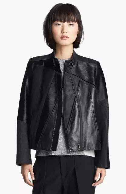 HOT Helmut Lang Black Genuine Paneled Leather Calf Hair Fur Biker Jacket $1700!