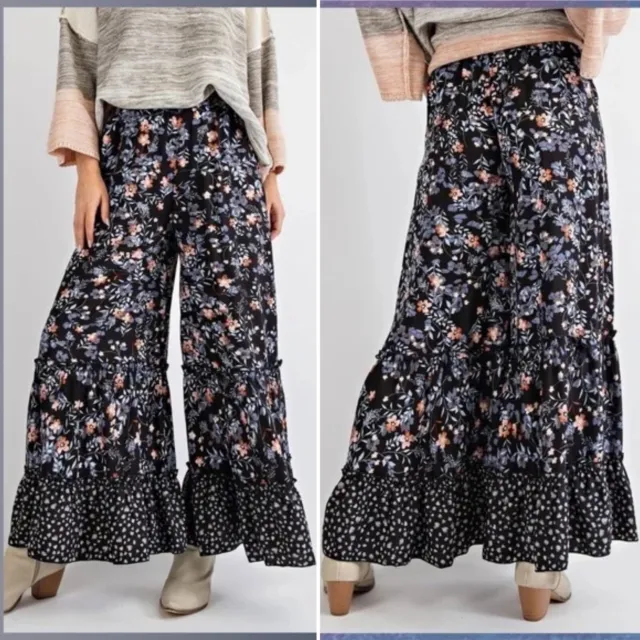 Easel Wide Leg Ruffle Tiered Hem Palazzo Pant MEDIUM Black Floral Elastic Waist