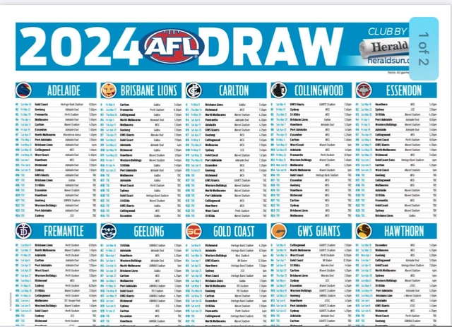 2024 Afl Football Matches Fixture Teams,Pies,Cats, Dogs, Crows, Power,Blues,Sain