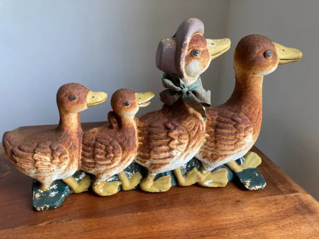 Cast Iron Door Stop Duck Family, Heavy Ornament, Well Aged Vintage