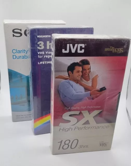 3 X VHS Blank Video Cassettes New And Sealed Bundle Sony, JVC Woolworths 3 Hour